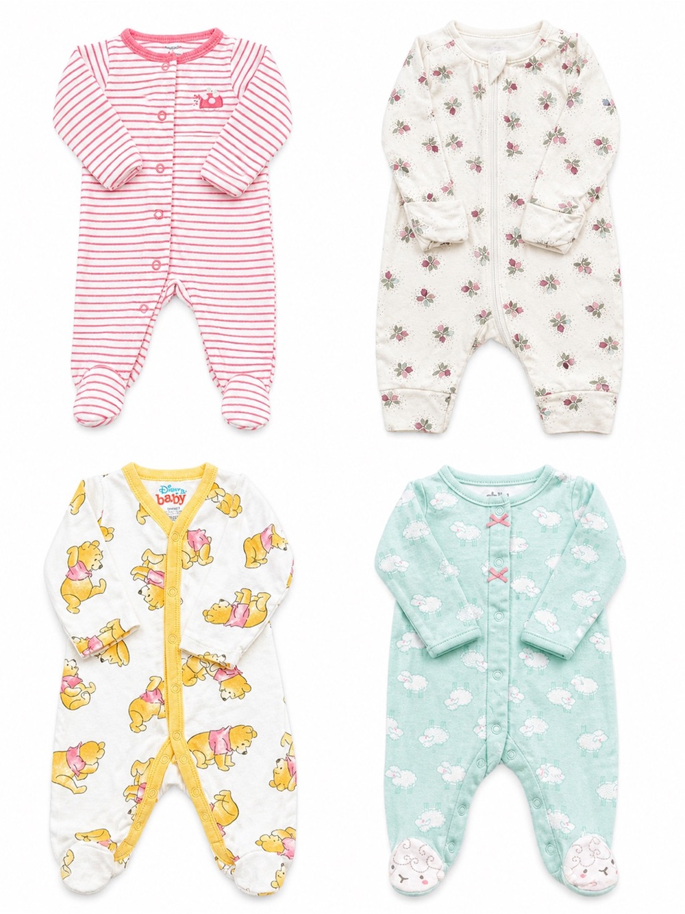 Disney Baby Footed One-Piece Bundle - Pink, Cream, Yellow, Mint